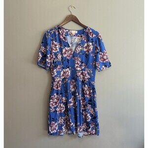 Band of Gypsies Floral Dress Womens Large L Blue Purple Button Up Short Sleeve